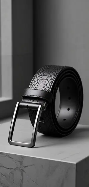 A textured black leather belt with an embossed design.