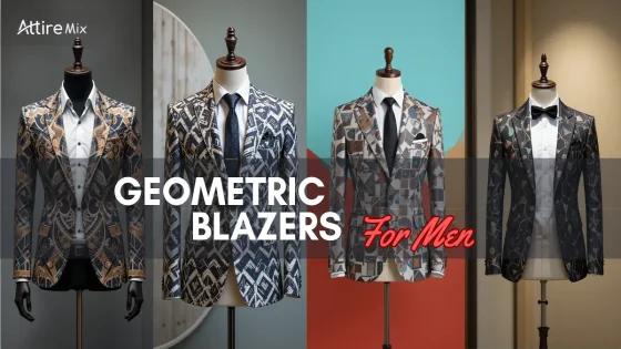 Four stylish geometric blazers displayed on mannequins with unique patterns.