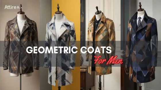 Four men's coats in geometric patterns, offering stylish outerwear choices.