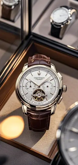 Classic silver chronograph watch with a white dial and brown leather strap.