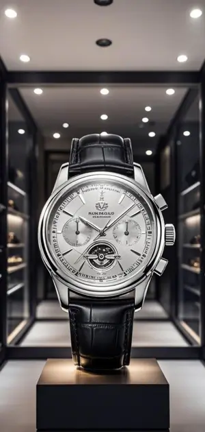 Sleek silver chronograph watch with a black leather strap in a high-end store.