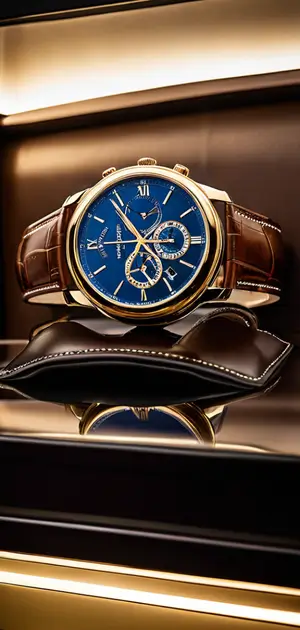 Navy blue and gold chronograph watch resting on a luxury leather stand