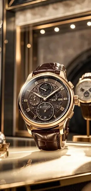 Luxurious brown and gold chronograph watch with an intricate dial design
