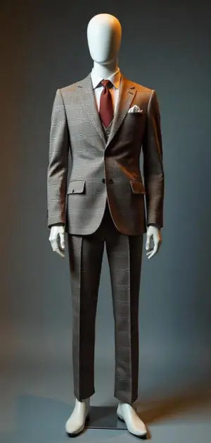Light brown checkered suit with a burgundy tie.