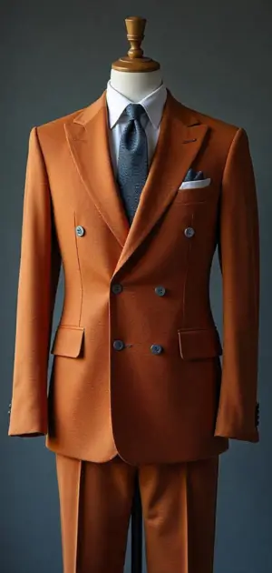 Rust-colored double-breasted suit with a white pocket square