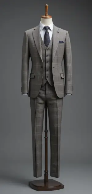 Grey checkered three-piece suit with a blue pocket square