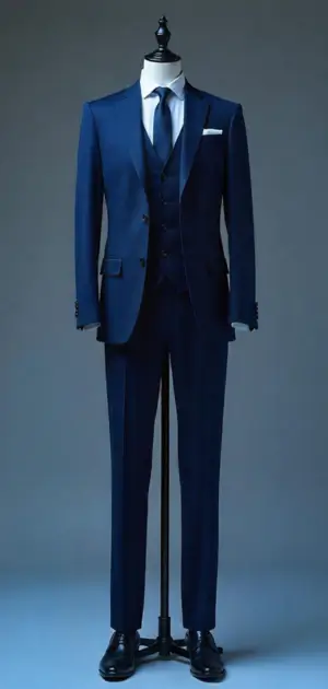 Navy blue suit with a white pocket square on a mannequin