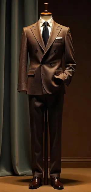 Brown double-breasted suit with a subtle texture on a mannequin