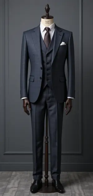 Navy blue three-piece suit with a subtle pattern.