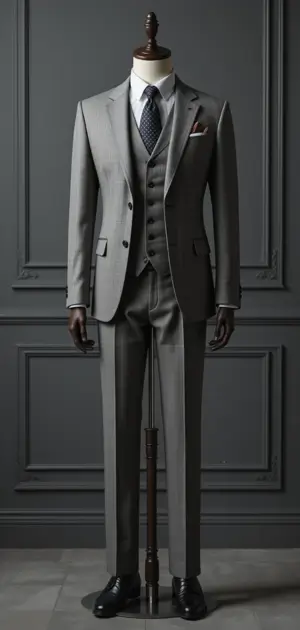 Light grey three-piece suit with a structured fit.
