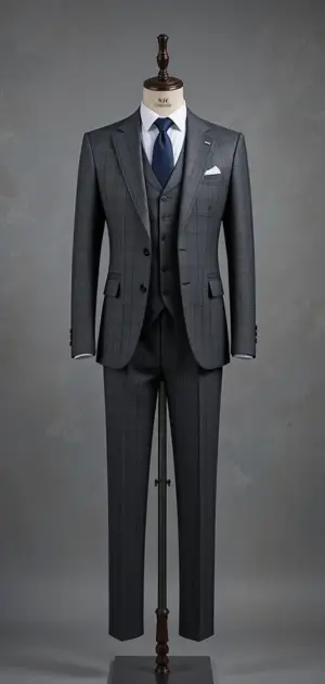 Dark grey three-piece suit with subtle check detailing on a mannequin