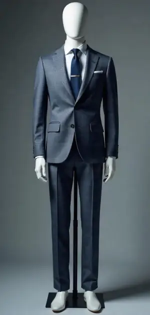 Navy blue modern-fit suit with tie and pocket square