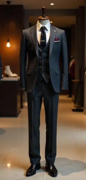 Black three-piece suit with a pocket square in a boutique