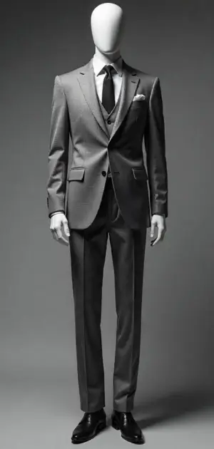 Grey three-piece suit with a white pocket square