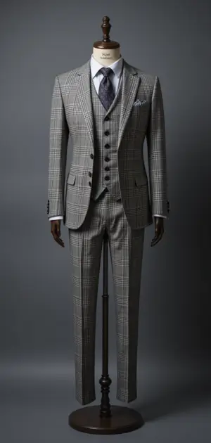 Grey checkered three-piece suit with a navy tie