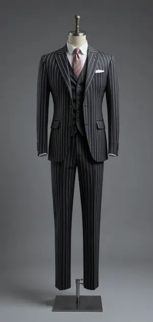 Black pinstripe three-piece suit with a pink tie.