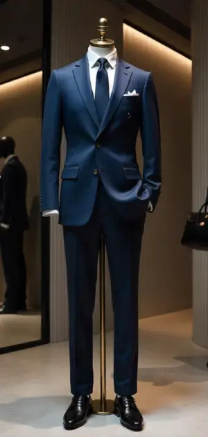 Deep blue two-piece suit with a sleek silhouette on a mannequin