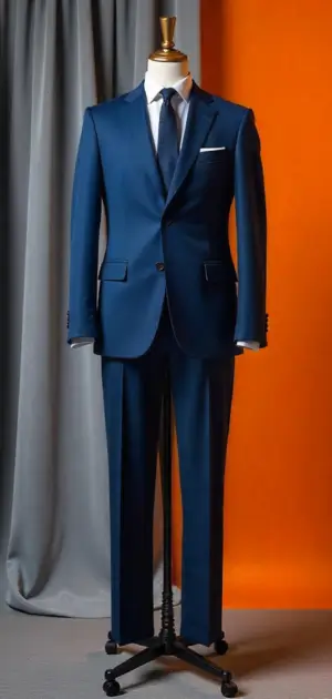 Bright navy blue suit with a white shirt and tie on a mannequin.