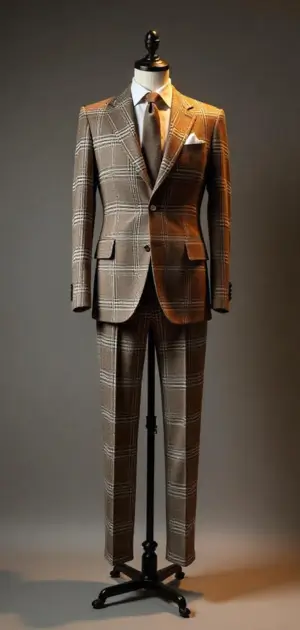 Brown plaid two-piece suit with a white pocket square on a mannequin.