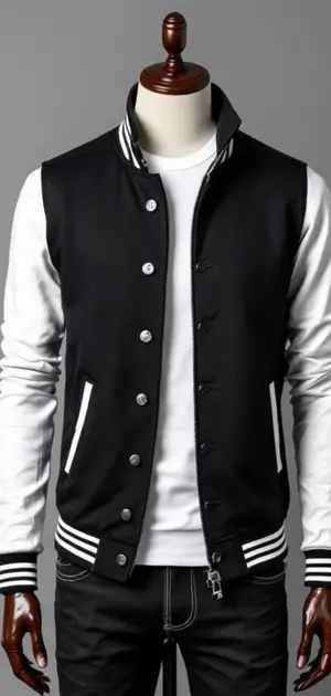 Black and white varsity jacket with contrast sleeves