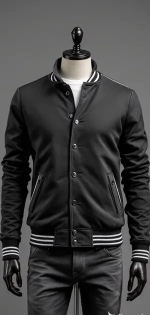Black varsity jacket with white stripes on cuffs and collar