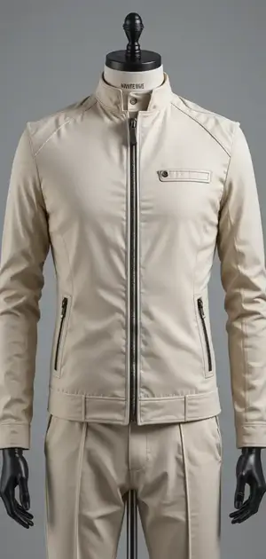 Beige modern jacket with zip pockets and collar button