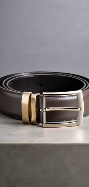 A dark brown leather belt with a gold-tone buckle.