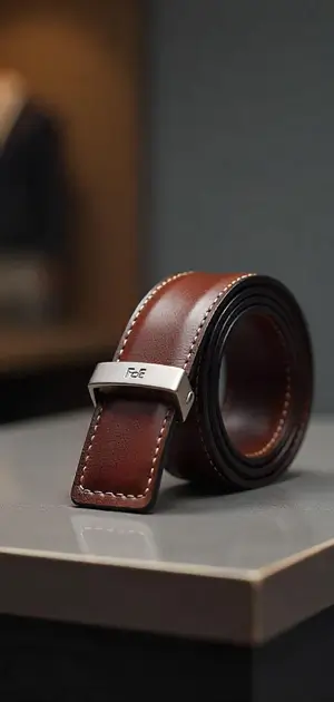 A brown leather belt with a silver buckle and contrast stitching