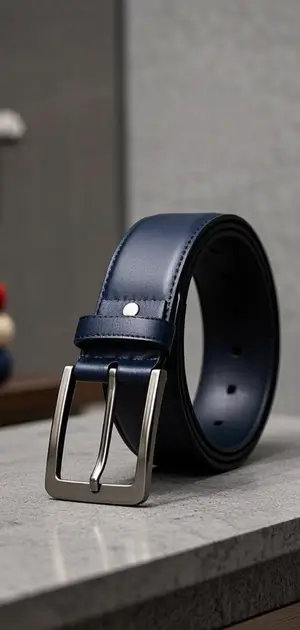 navy blue leather belt with a silver buckle.