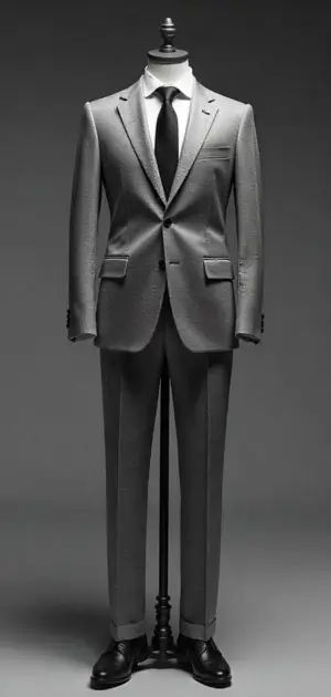 Dark grey suit with a black tie on a mannequin