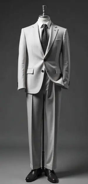 Light grey suit with a dark tie on a mannequin