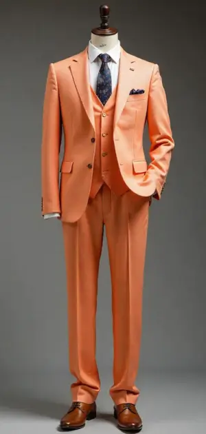 Peach three-piece suit with a blue tie on a mannequin.