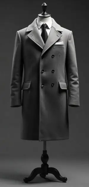 A grey double-breasted overcoat with peak lapels on a classic mannequin stand.