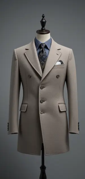 A beige double-breasted overcoat styled with a tie and dress shirt.