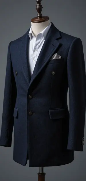 A navy blue double-breasted coat with a classic tailored fit on a mannequin