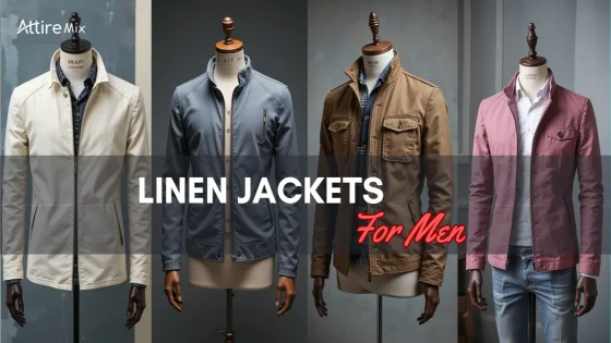 Four linen jackets in tan, white, blue, and pink, styled for men.