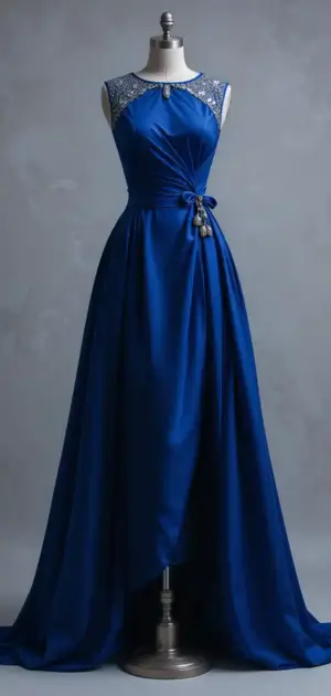 Elegant royal blue satin gown with lace detailing and a draped waist.