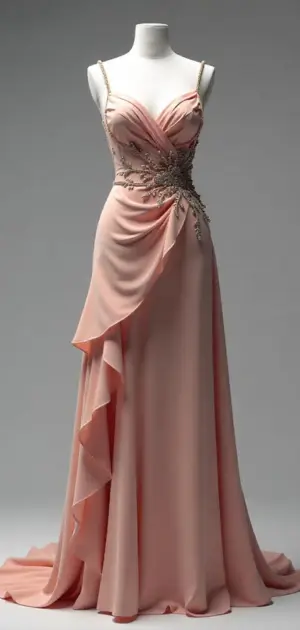 Soft blush pink gown with intricate beaded detailing and cascading draped fabric