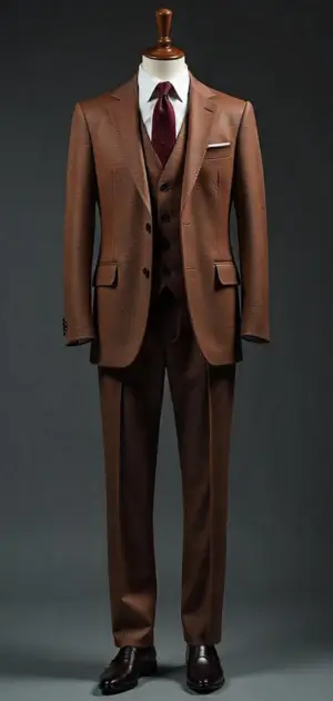 Stylish brown three-piece suit with a white shirt and burgundy tie