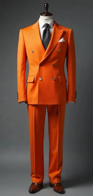 Bold orange double-breasted suit with a white shirt and patterned tie