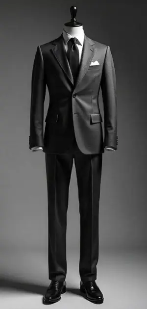 Classic black suit with a white shirt and black tie on a mannequin.