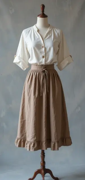 Brown linen skirt with white top, detailed with a waist tie and buttons.