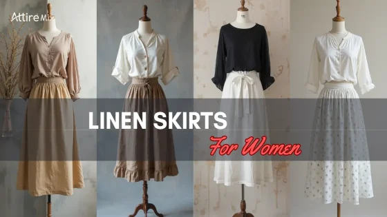 Multiple linen skirt styles paired with chic tops in neutral tones.