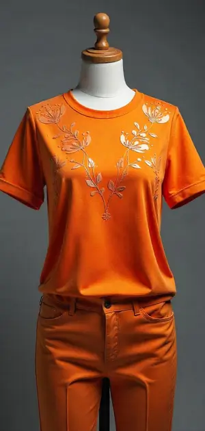 Bright orange linen T-shirt with floral embroidery