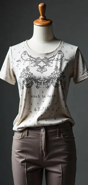 Beige linen T-shirt with vintage-inspired decorative patterns