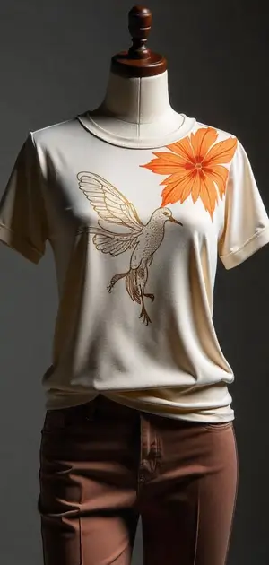 Beige linen T-shirt with a hummingbird and floral print