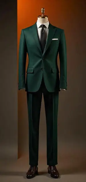 Deep green modern-fit suit with a structured cut.