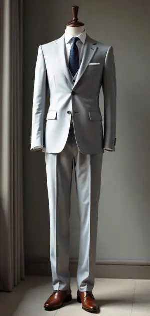 Light grey modern-fit suit with brown dress shoes