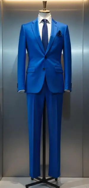 Vibrant blue suit with a matching tie and pocket square.