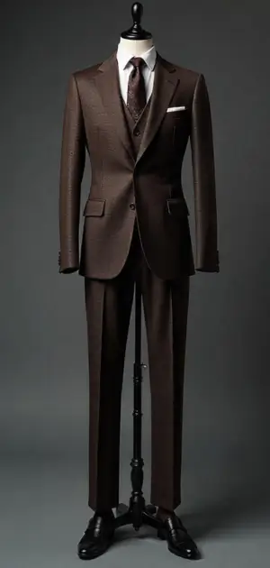 Dark brown suit with a white shirt and pocket square on a mannequin